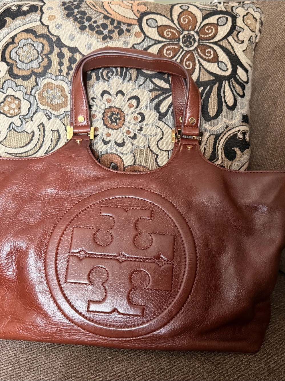Tory Burch Brown Leather Tote with Raised Logo